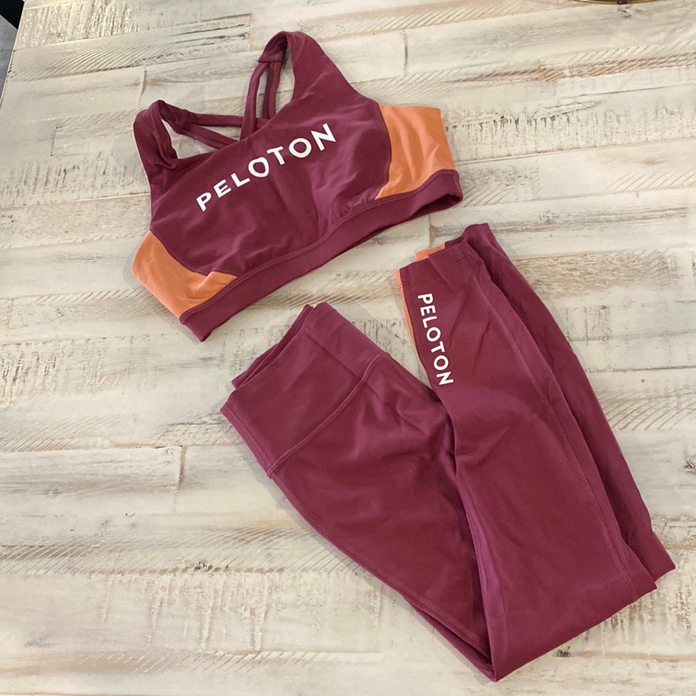 Peloton red orange bra and leggings set